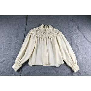 Victor Costa For Neiman Marcus Blouse M Cream Beige Lace Victorian Vintage USA